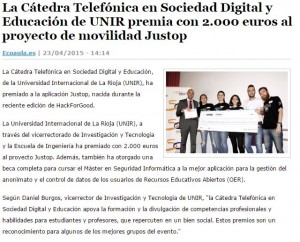 Ejemplo de Clipping: Premio en Hack for Good de la Cátedra UNIR-Telefónica en Sociedad Digital